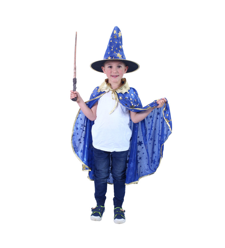 Dětský modrý plášť a klobouk - čaroděj