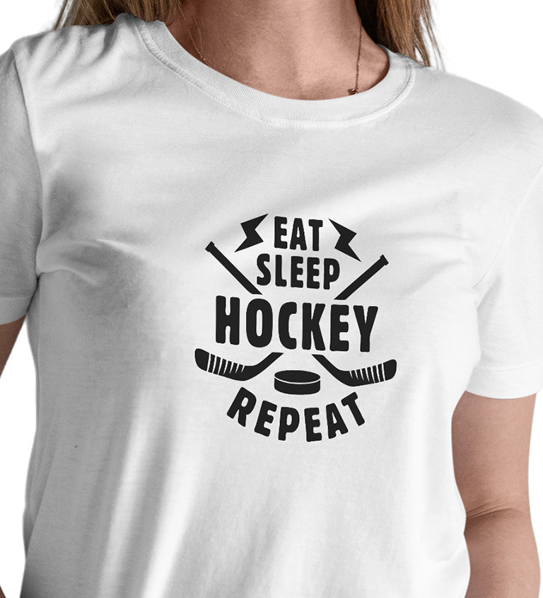 Dámské bílé tričko – Eat sleep hockey repeat