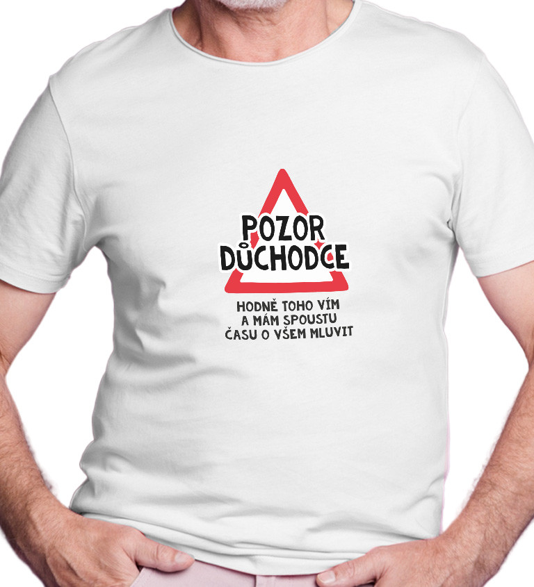 Pánské bílé tričko – Pozor důchodce