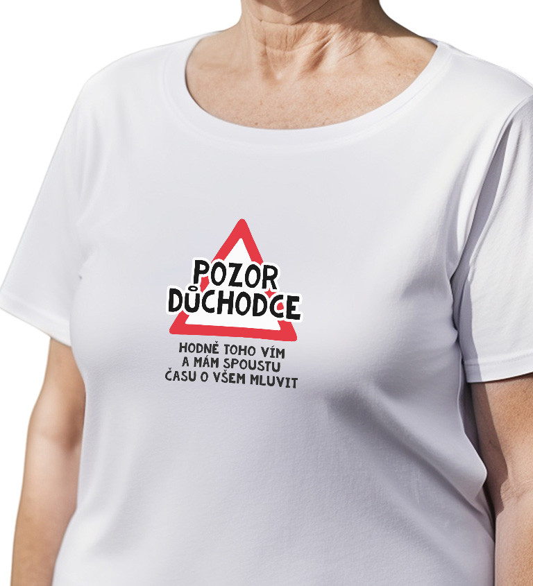 Dámské bílé tričko – Pozor důchodce