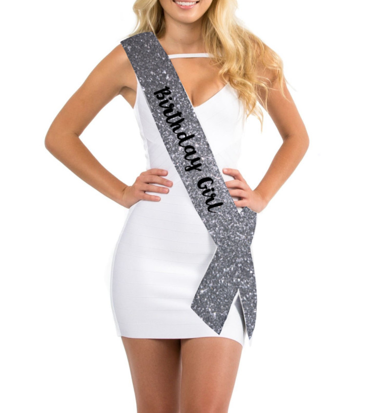 Narozeninová šerpa stříbrný glitr – Birthday girl
