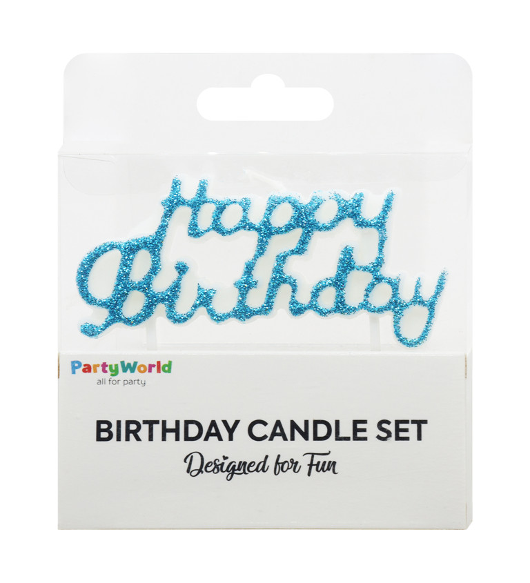 Třpytivá modrá svíčka – Happy Birthday