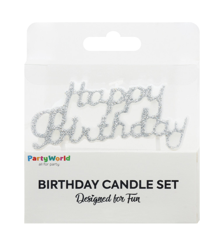 Třpytivá stříbrná svíčka – Happy Birthday