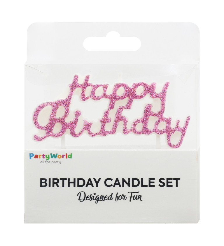 Třpytivá růžová svíčka – Happy Birthday