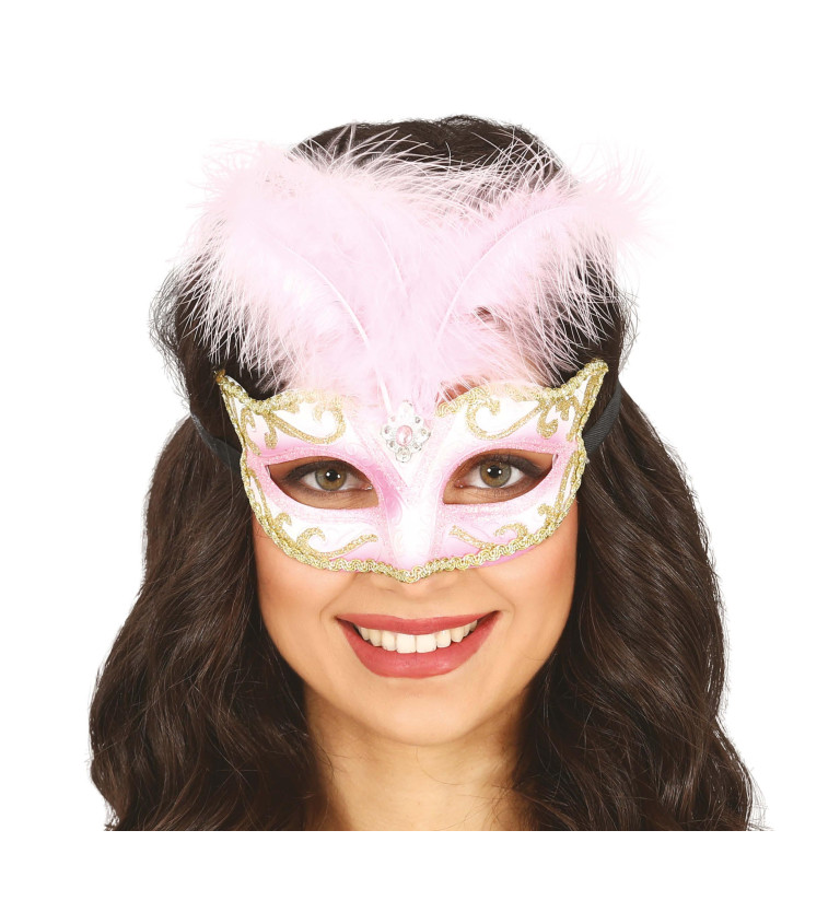 Růžová škraboška s růžovým peřím