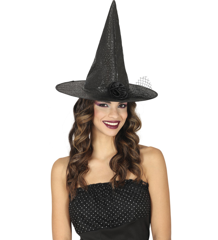 Stylový čarodějnický klobouk špičatý s květinou