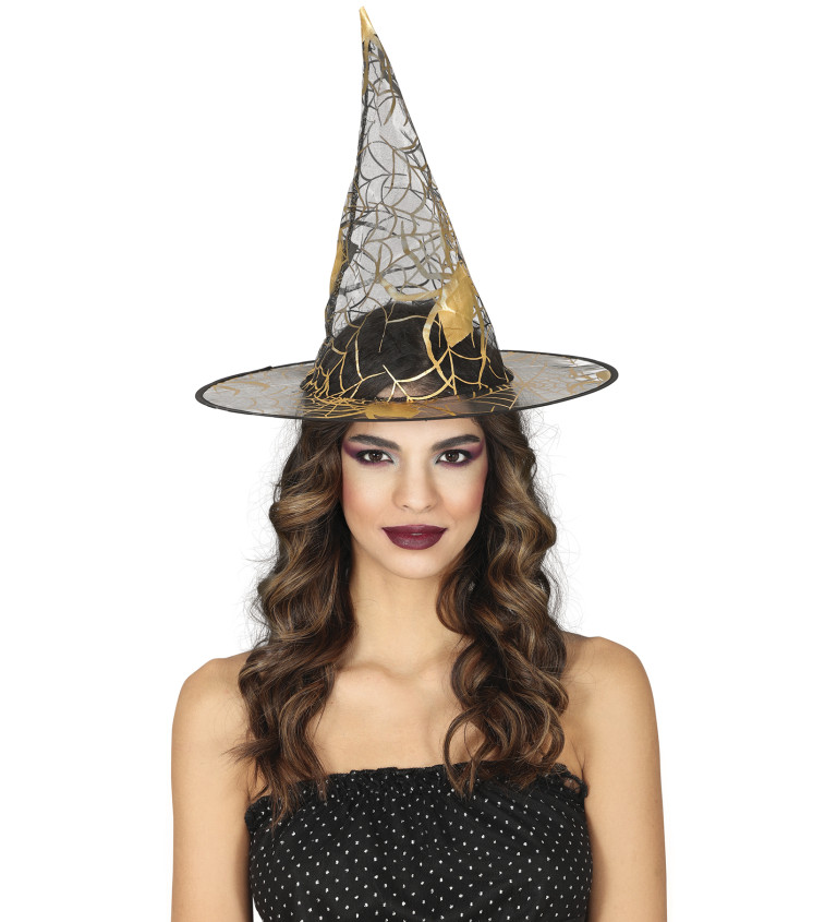 Průhledný čarodějnický klobouk se zlatým vzorem