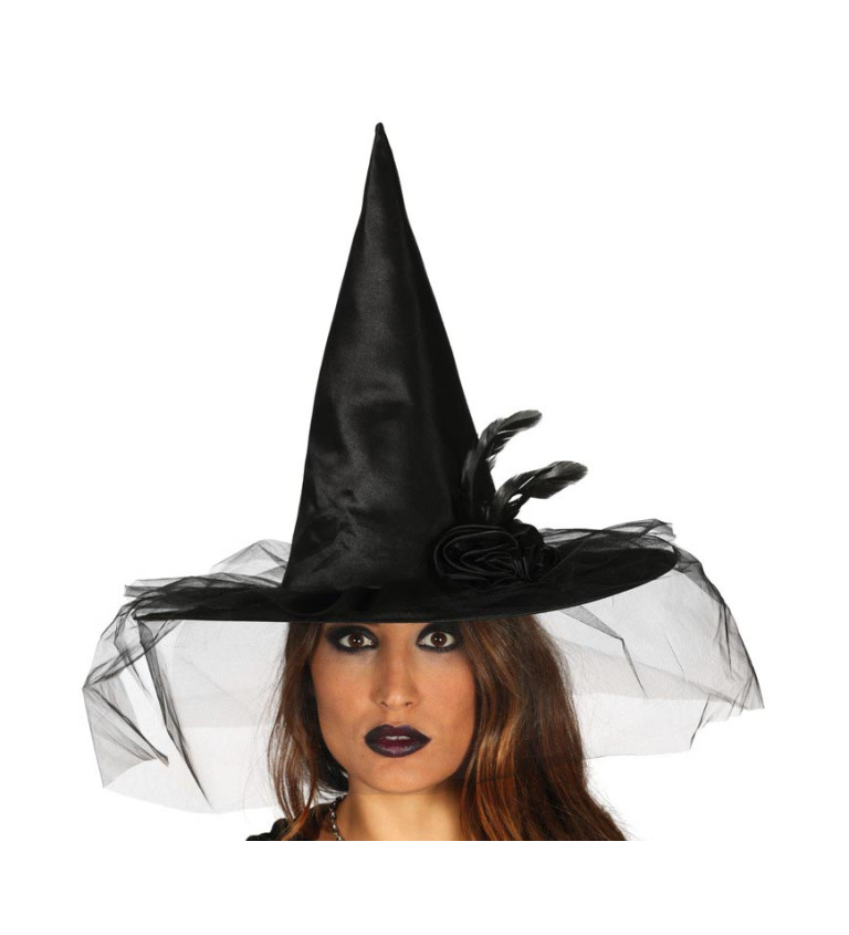 Elegantní čarodějnický klobouk s květinou černý