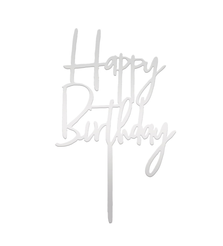 Stylový zápich do dortu Happy birthday stříbrný